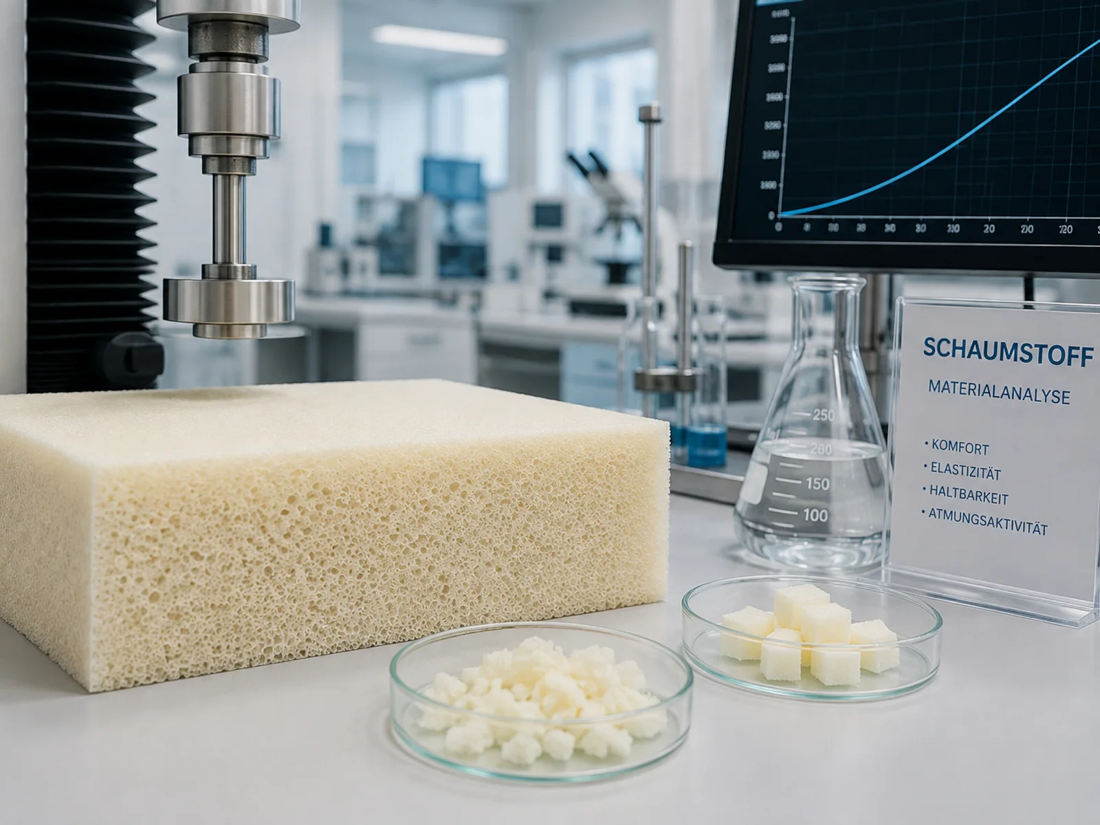 Schaumstoffblock unter einer Materialprüfmaschine im Labor, daneben Schaumproben in Petrischalen
