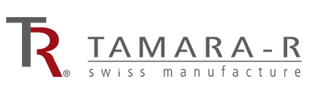 Logo von Tamara-R: Monogramm TR in Grau und Rot mit dem Schriftzug „TAMARA-R – swiss manufacture“
