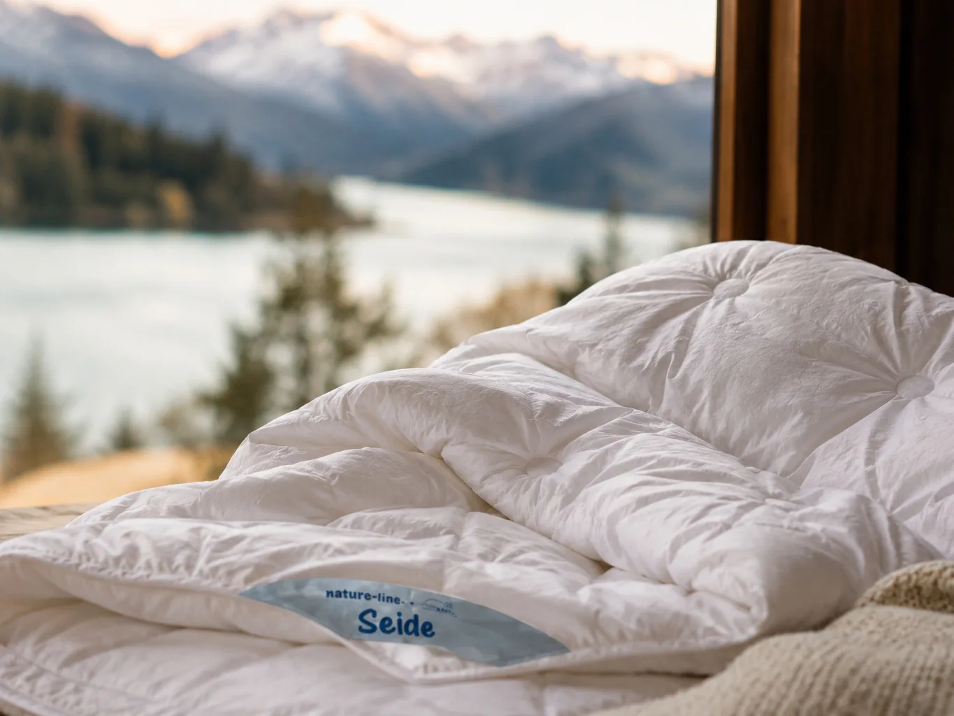 Aufgeschlagenes Walburga nature-line Seide Duvet vor einem Fenster mit Blick auf verschneite Berge und einen Bergsee