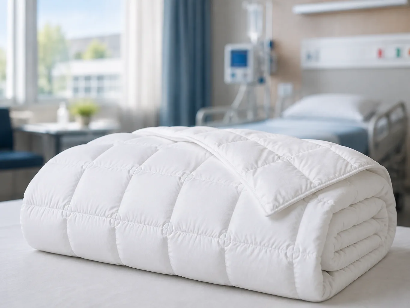 Zusammengelegtes weisses Spezial-Duvet von Walburga auf einem frisch bezogenen Bett in einem hellen Klinikzimmer